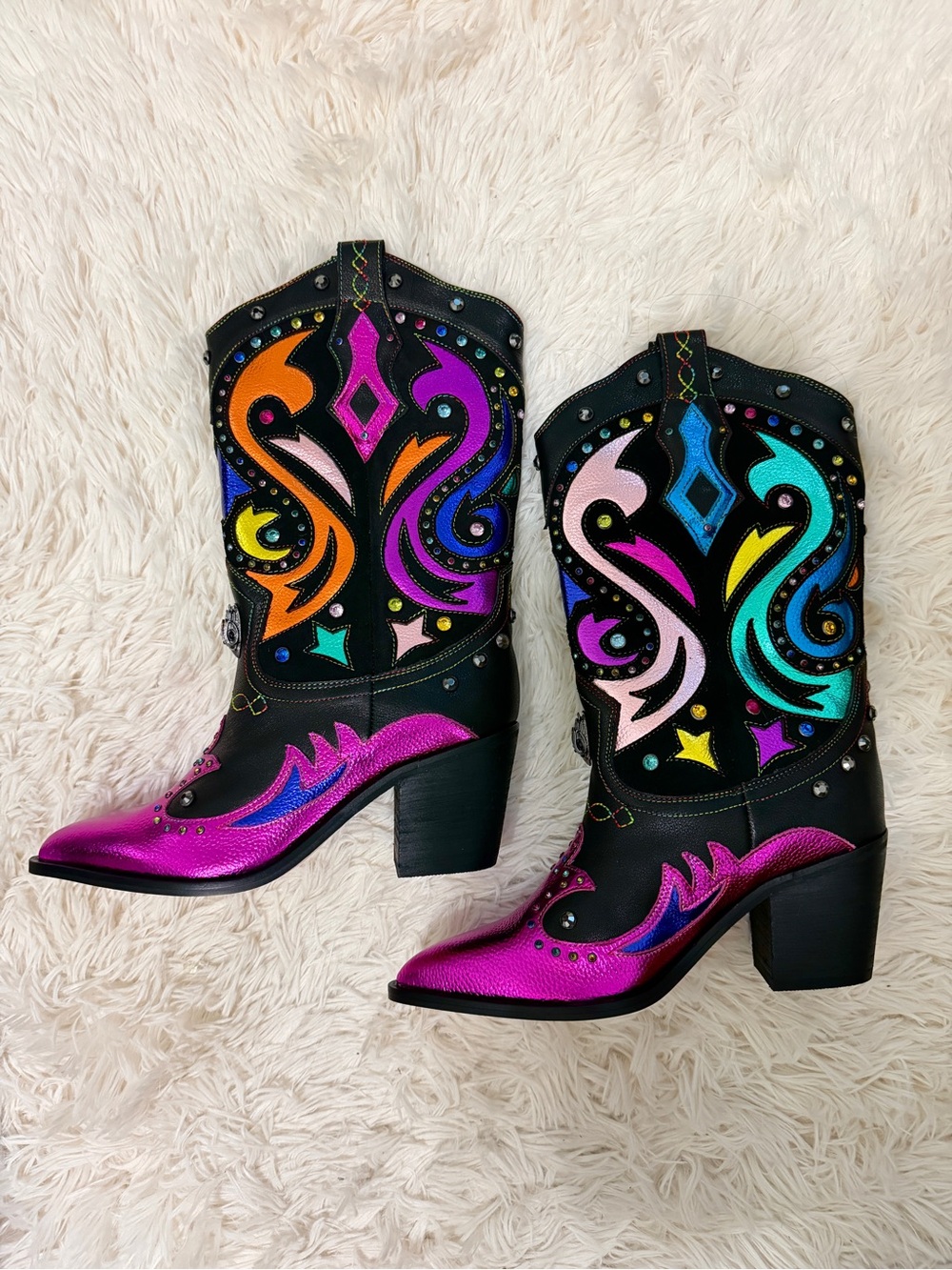 Kurt Geiger Metallic Pink Multi-Color Embroidered Western Booties